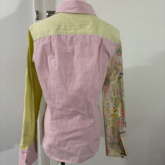 FlatIron Workshop Button-Up Top Sz 3 Long Sleeve Green Pink Trees Stripe Preppy - Picture 7 of 14